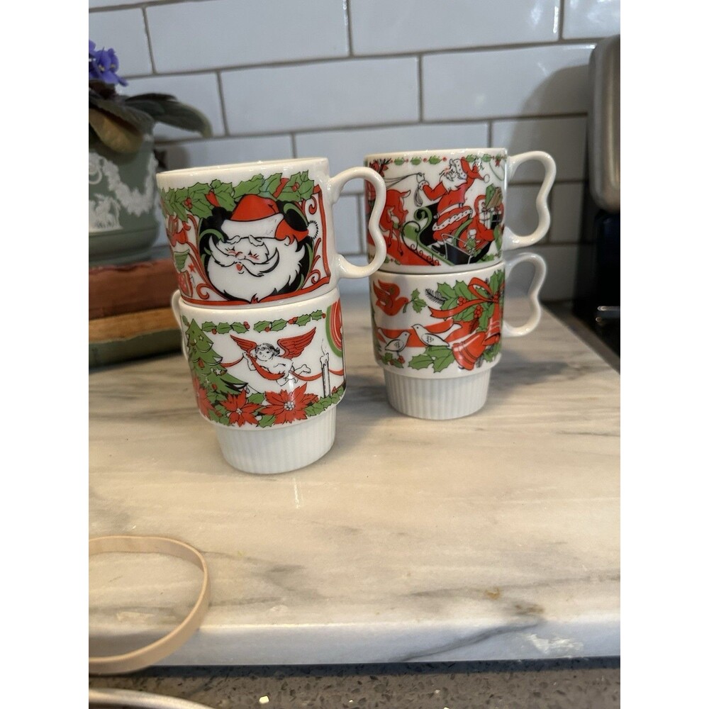 Set of 4 Vintage Mid Century Stacking Christmas Mugs Trimont Ware Japan - Picture 2 of 12